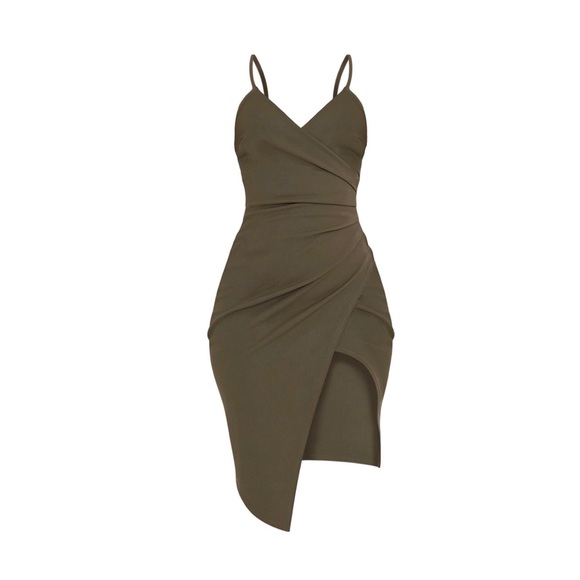 Khaki Wrap Front Crepe Midi Dress - Picture 2 of 7